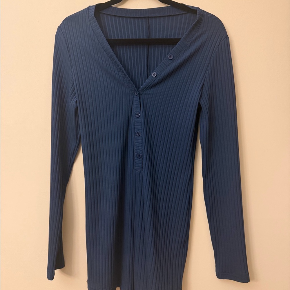 Blue Ribbed Long Sleeve Romper